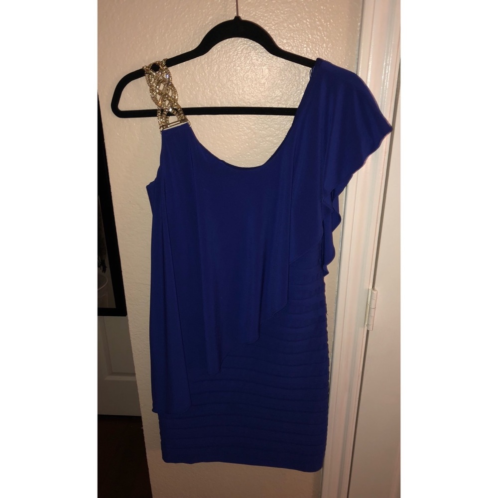 One-Shoulder Embellished Ruffle Sheath in Blue